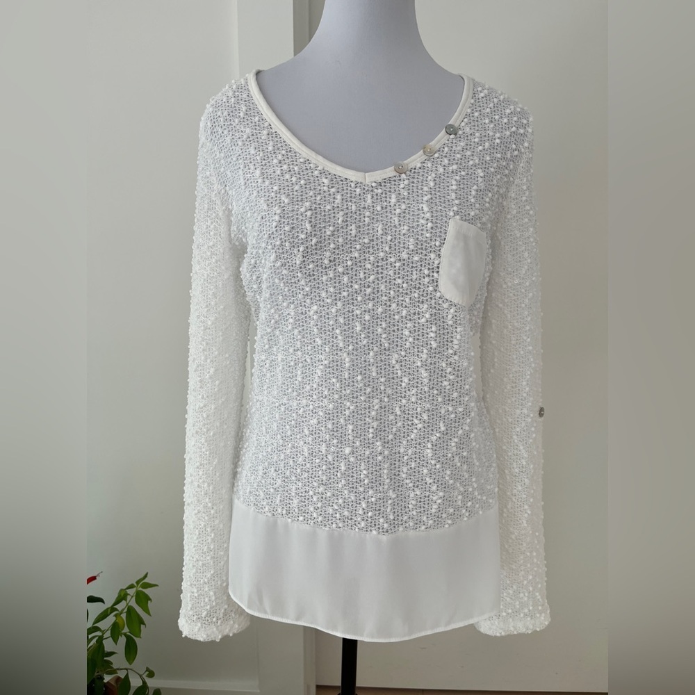 JOSEPH RIBKOFF Boucle Open Knit Sequin Detail Pullover Top Roll Tab Long Sleeves